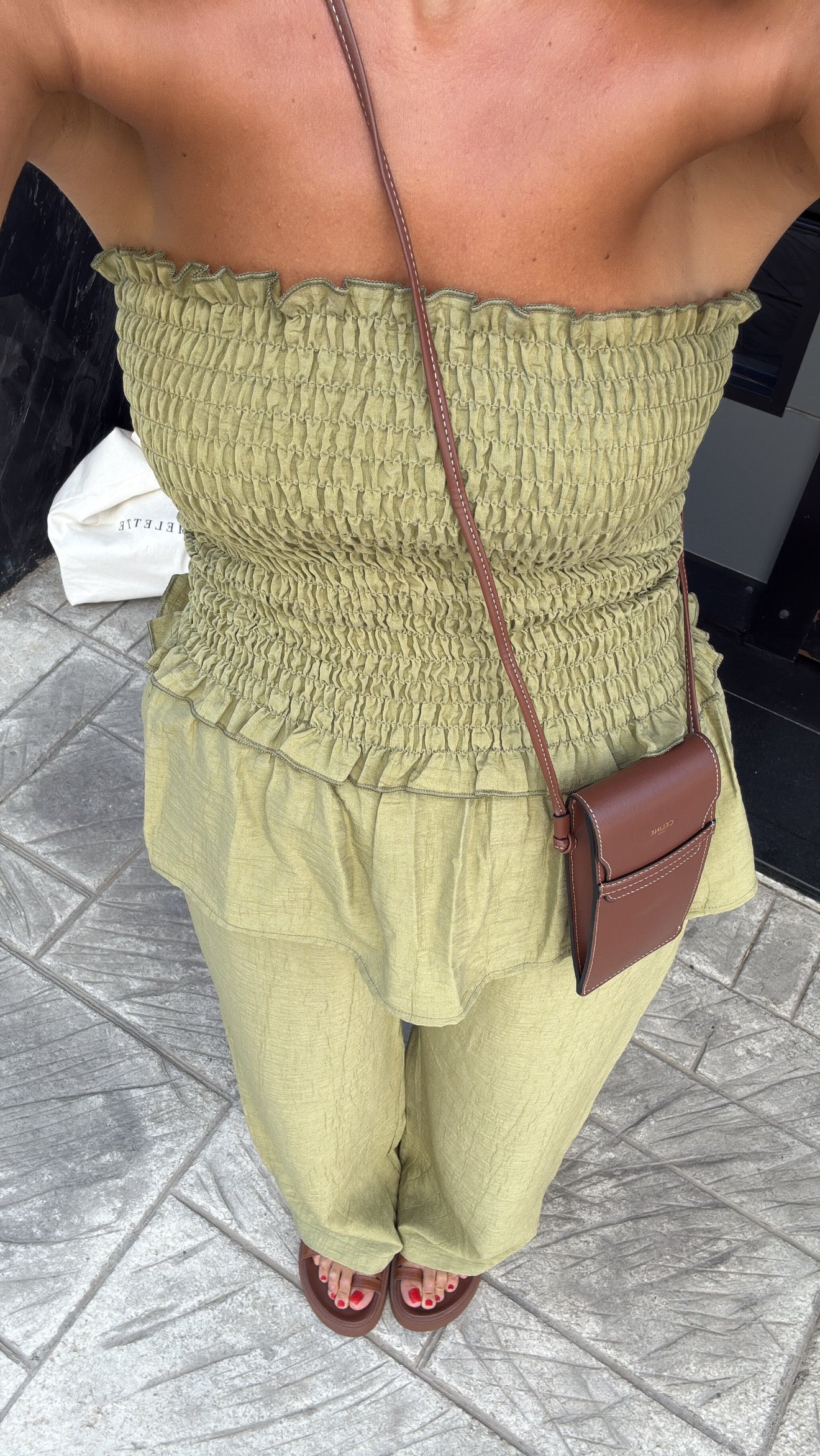 Fıstık Yeşili Straplez Bluz Pantolon Takım