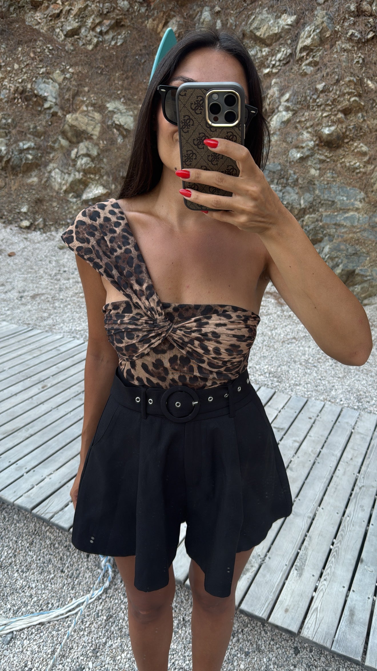 Tek Omuz Leopar Desenli Tül Body