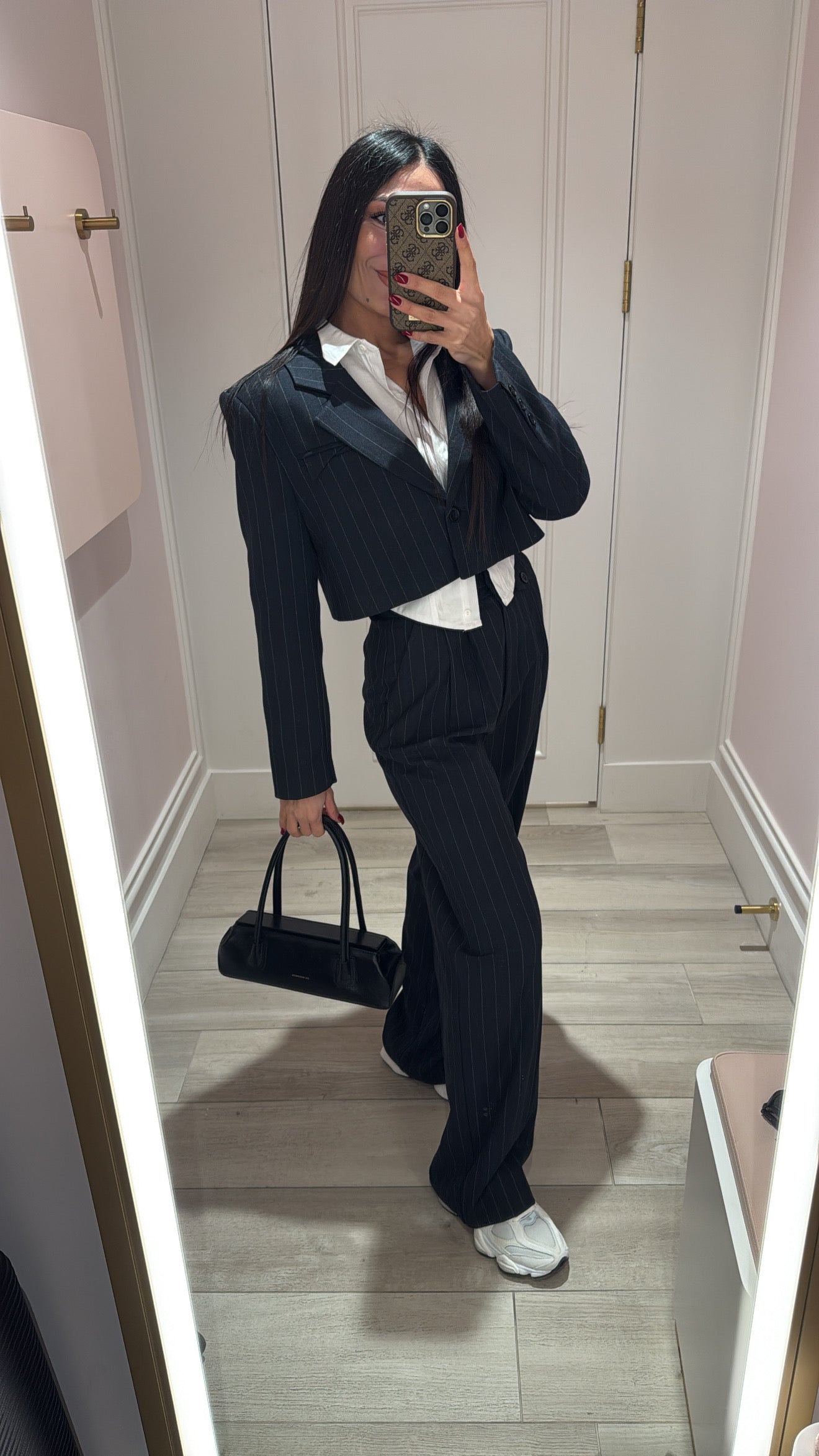 Marka Model Lacivert Çizgili Crop Ceket Pantolon Takım