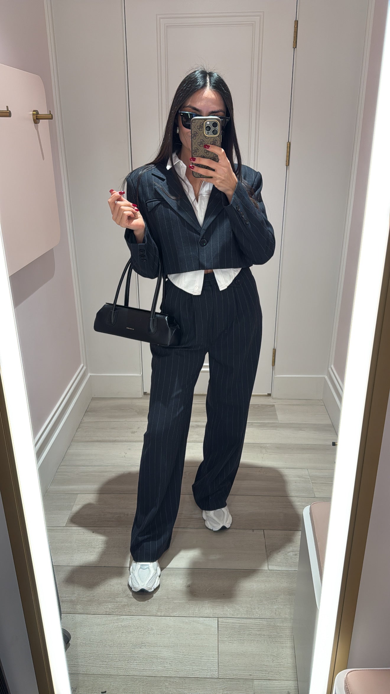 Marka Model Lacivert Çizgili Crop Ceket Pantolon Takım