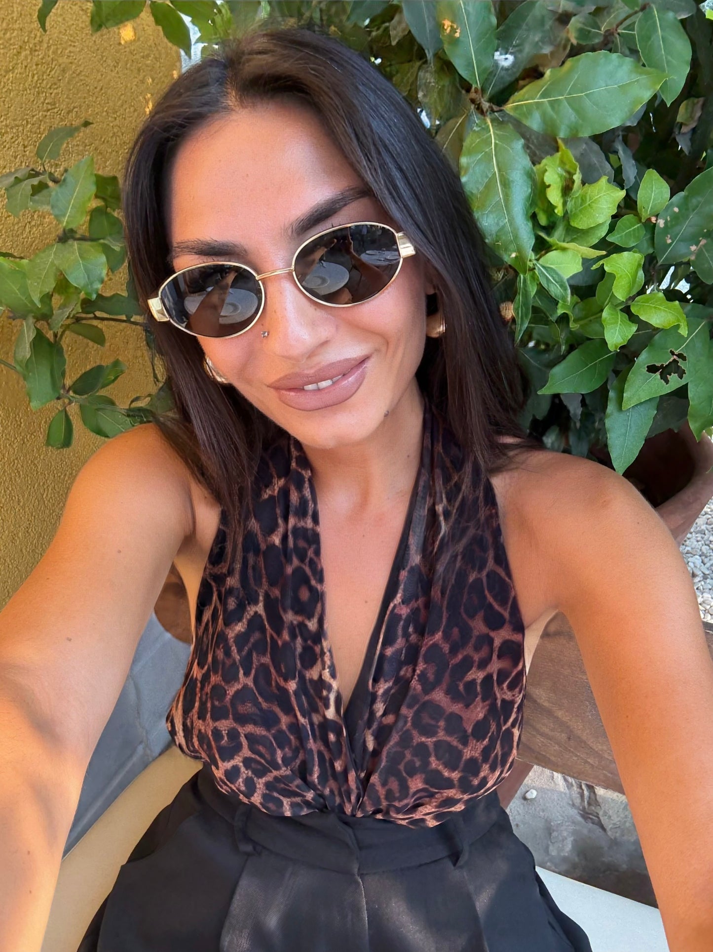 Leopar Desen Sırt Detaylı Boyundan Bağlamalı Tül Bodysuit