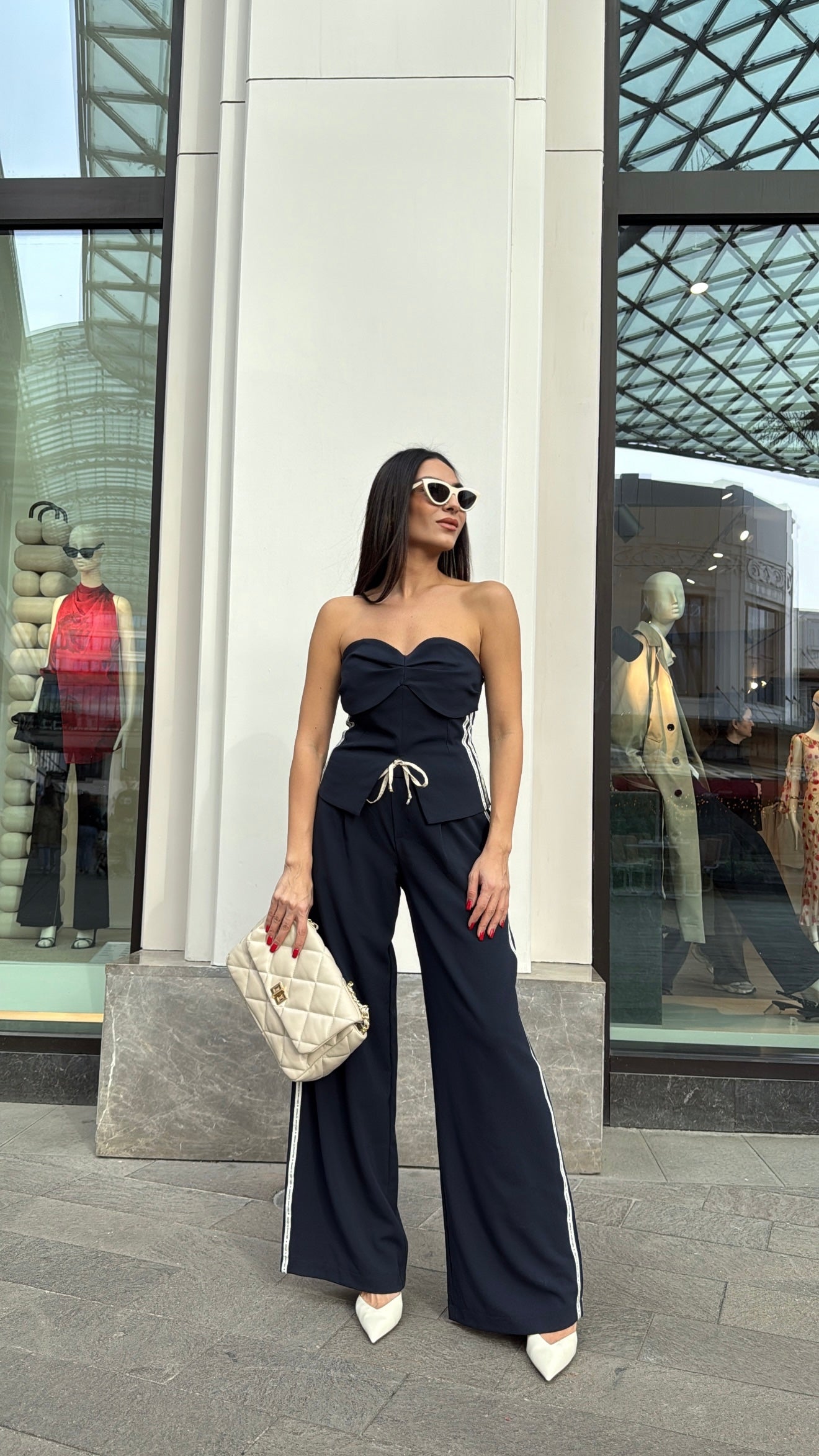 Lacivert Şeritli Baskı Detaylı Straplez Bluz Pantolon Takımı