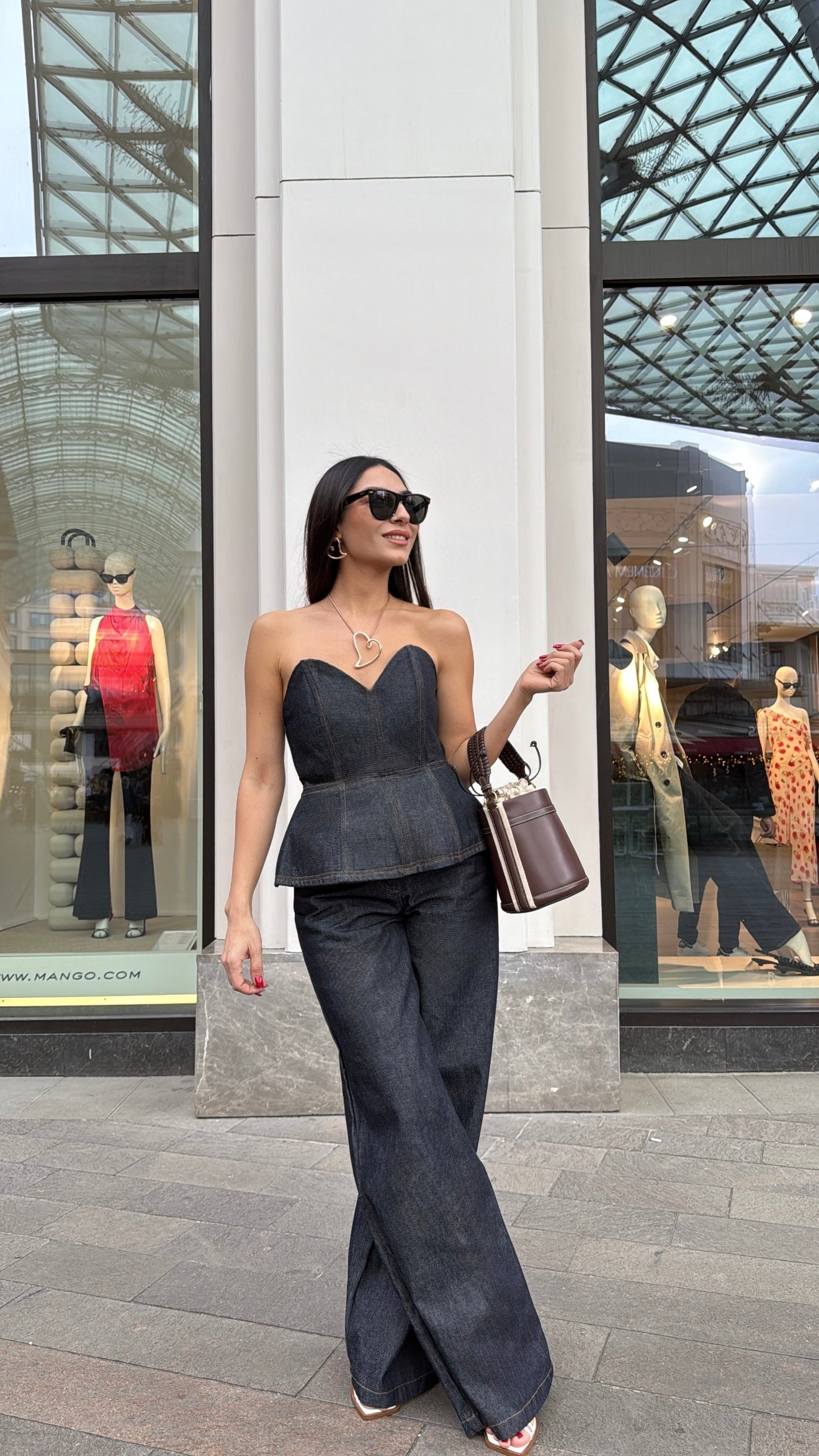 Denim Bedene Oturan Straplez Büstiyer-Pantolon İkili Takım