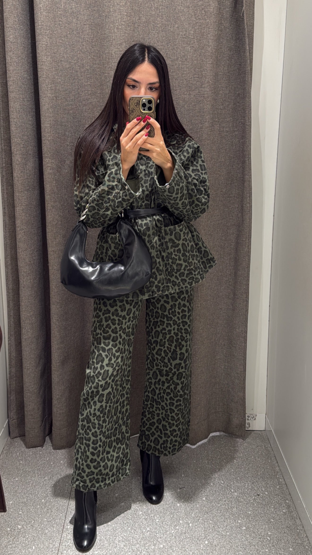 Leopar Desenli Koyu Yeşil Denim Pantolon