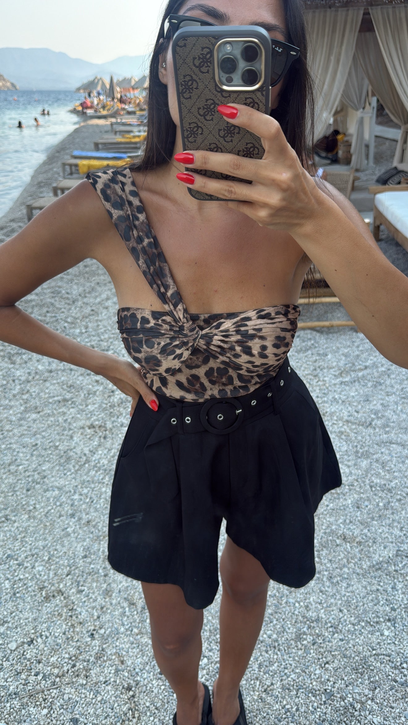 Tek Omuz Leopar Desenli Tül Body