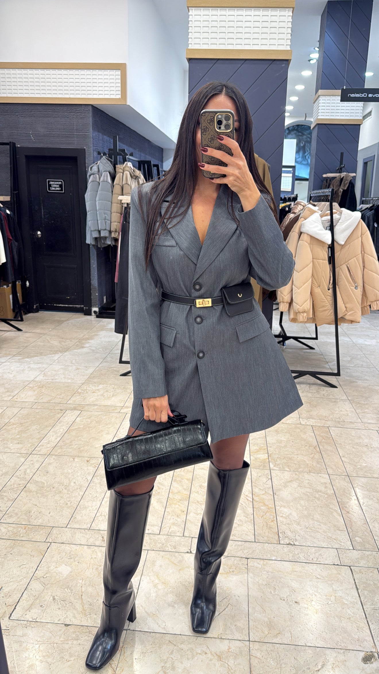 Kemerli Çanta Aksesuarlı Gri Blazer Ceket Elbise