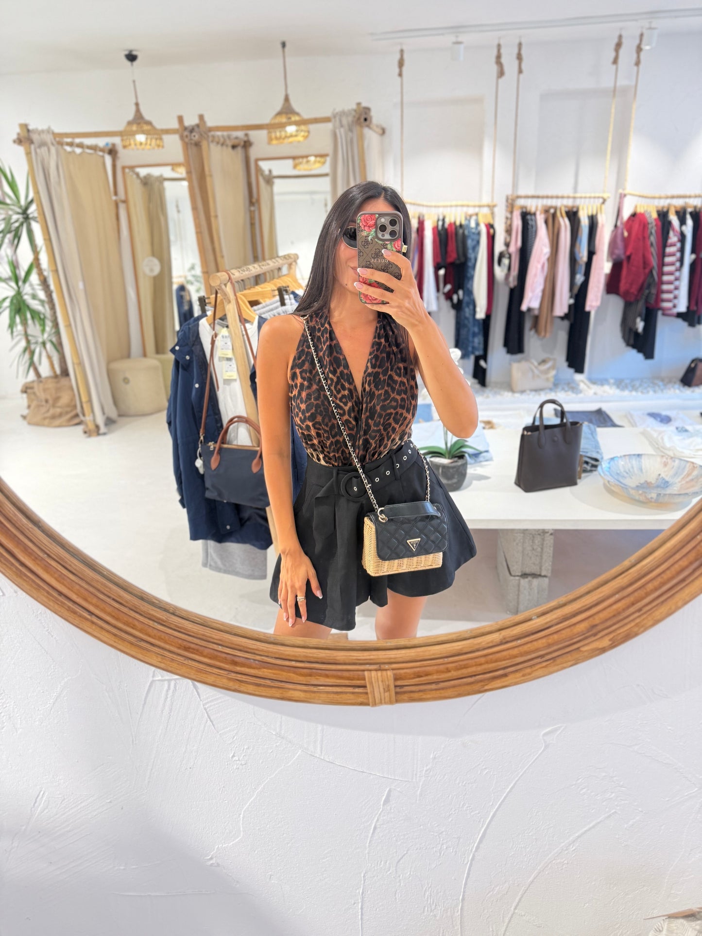 Leopar Desen Sırt Detaylı Boyundan Bağlamalı Tül Bodysuit