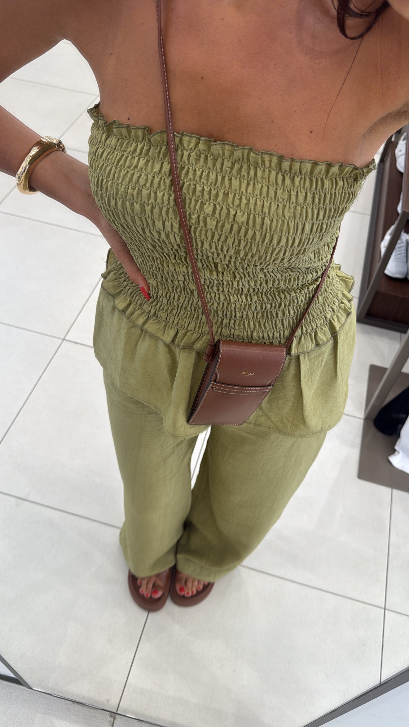 Fıstık Yeşili Straplez Bluz Pantolon Takım