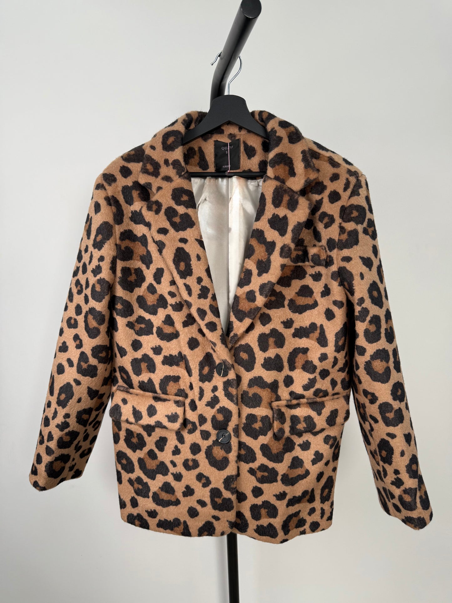 Leopar Desenli Oversize Kaşe Blazer Ceket Camel