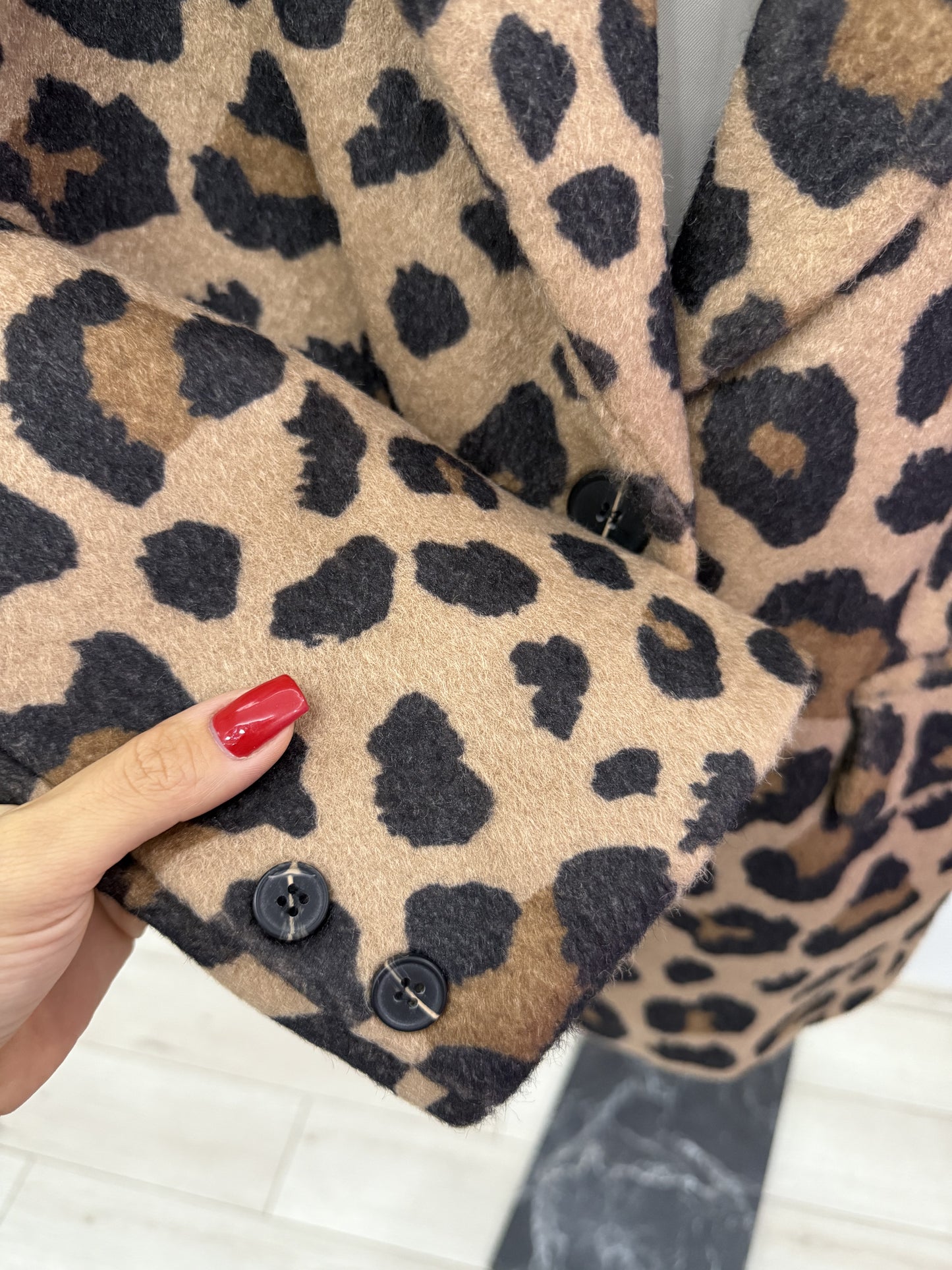 Leopar Desenli Oversize Kaşe Blazer Ceket Camel