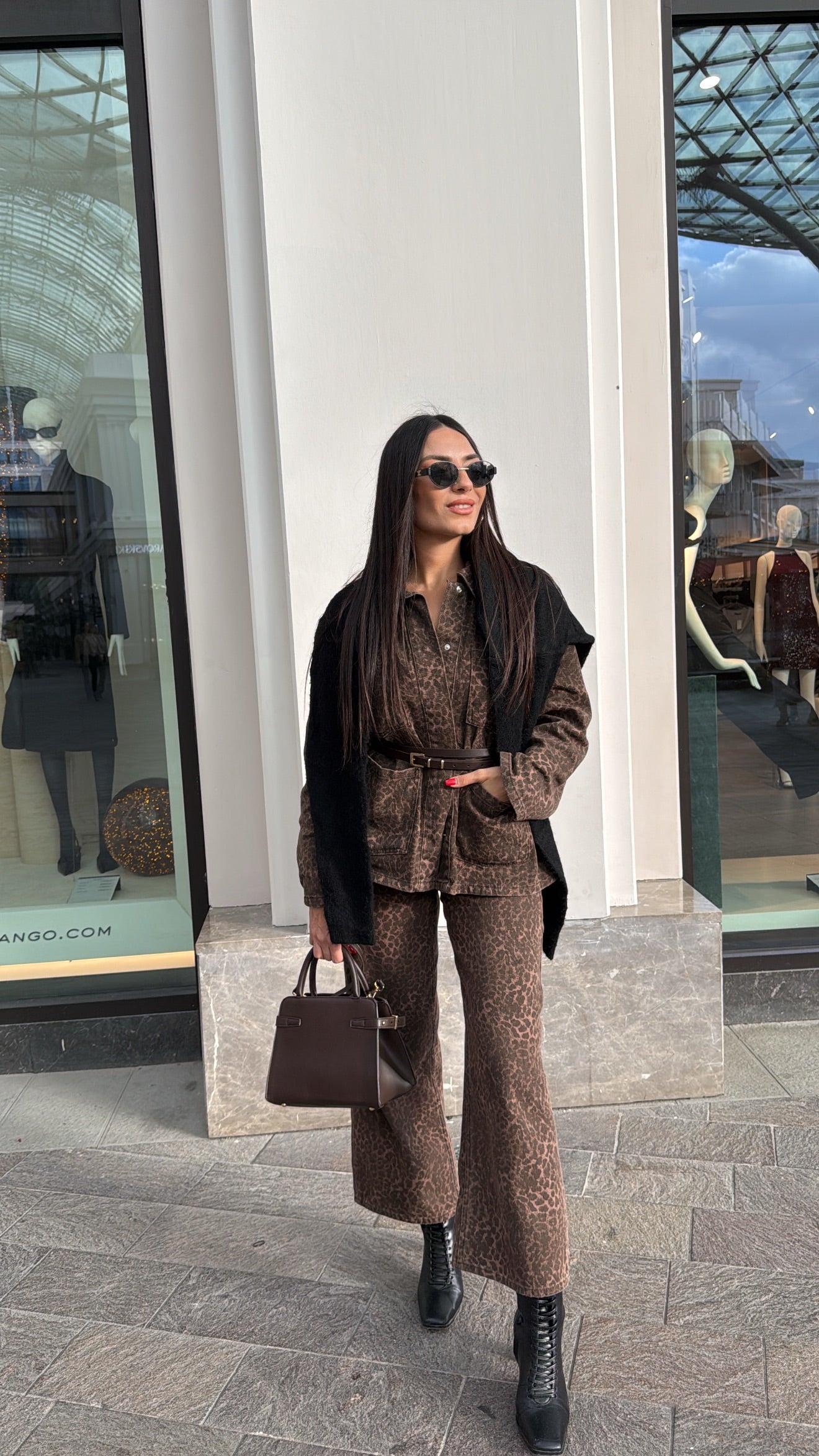Dört Cepli Leopar Desenli Belden Kuşaklı Denim Ceket