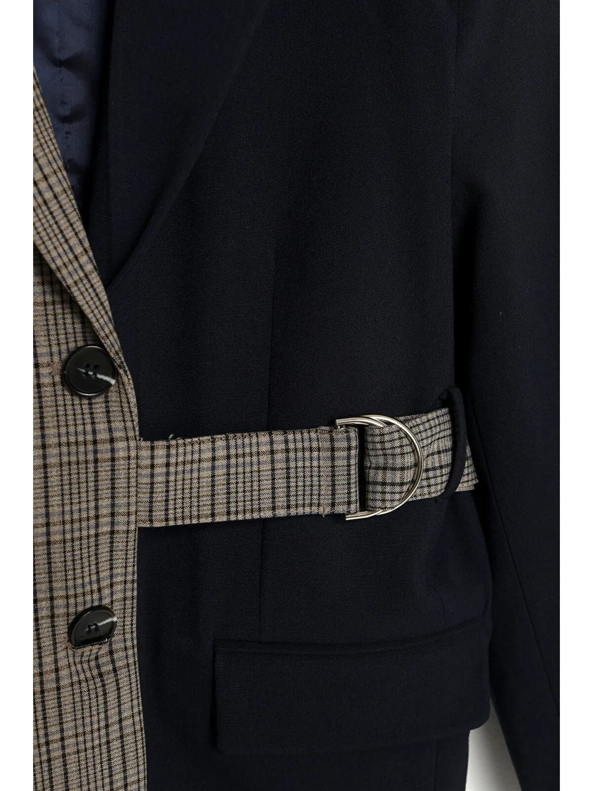 Ekose Garnili Kuşak Detaylı Oversize Blazer Ceket Lacivert