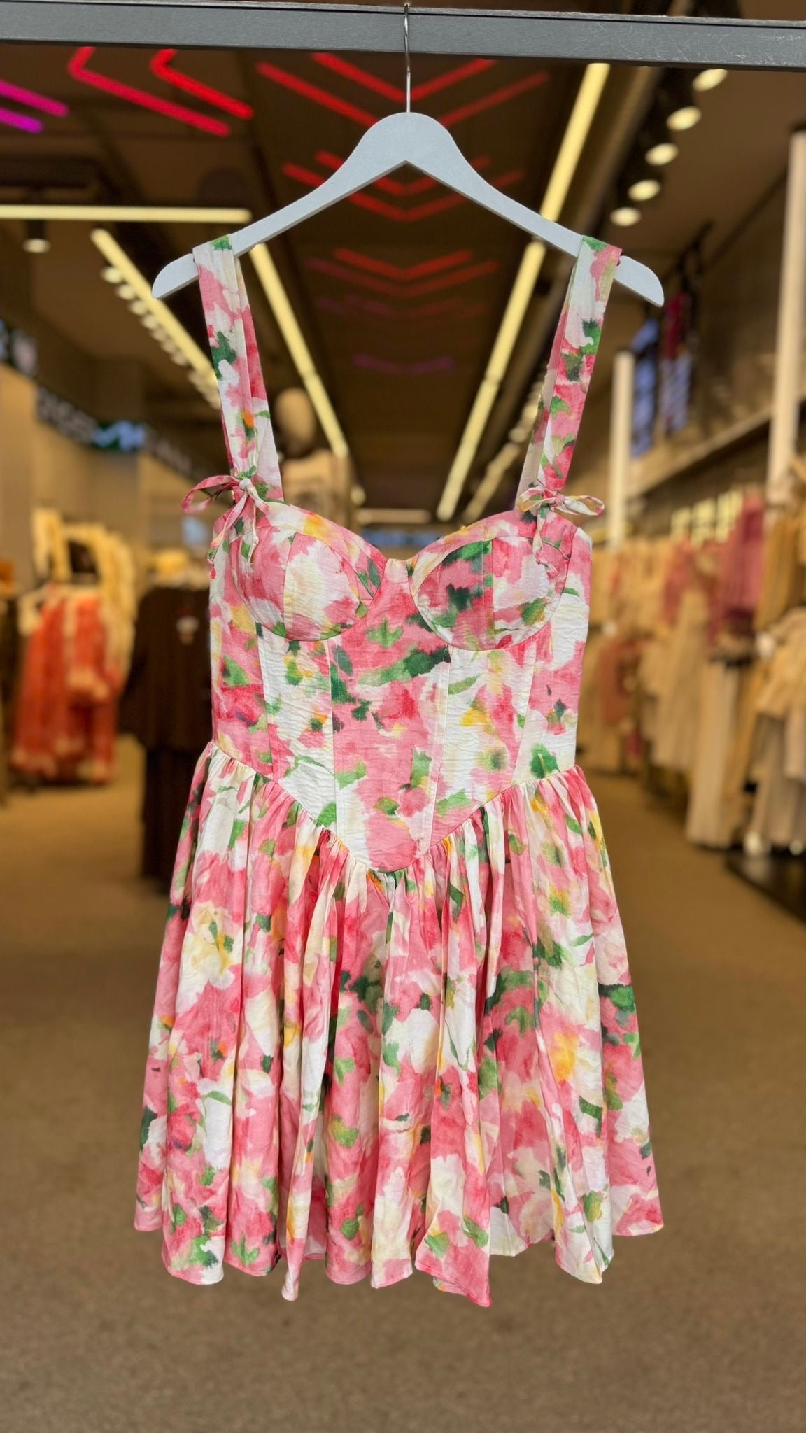 Rosa Çiçekli Korse Detaylı Elbise Pembe