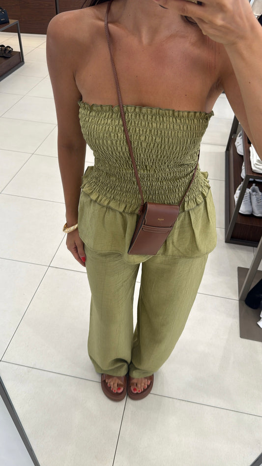 Fıstık Yeşili Straplez Bluz Pantolon Takım