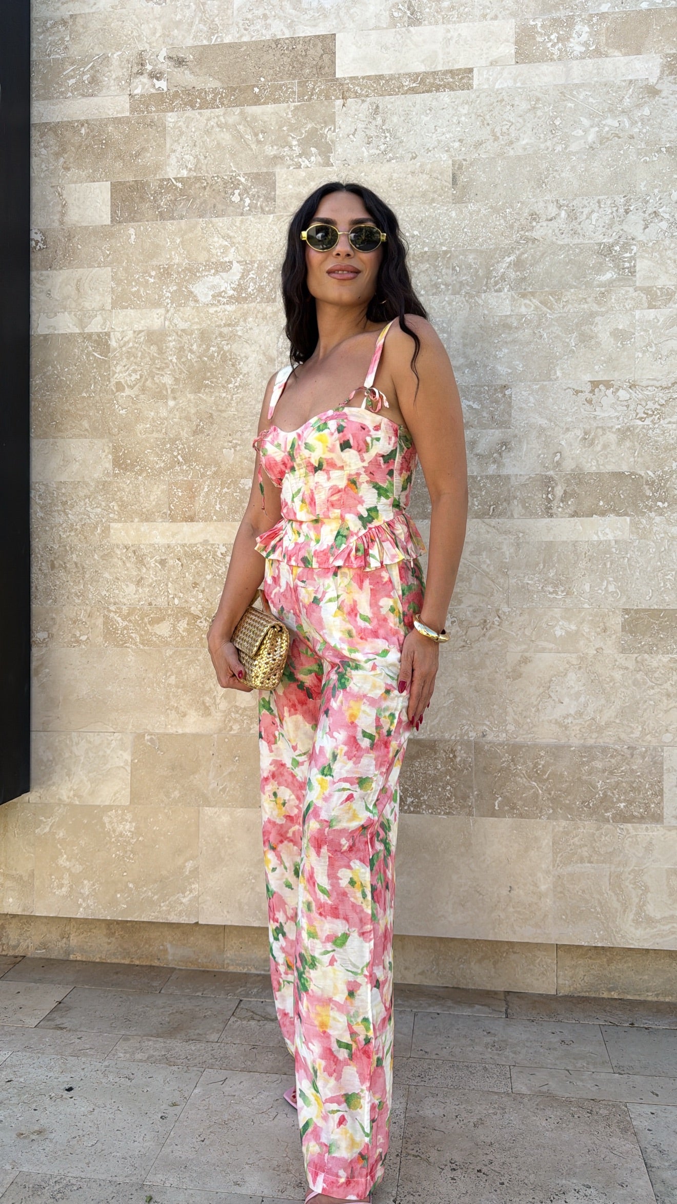 Rosa Çiçekli Korse Pantolon Takım Pembe