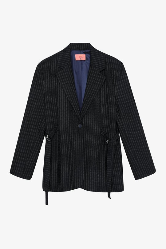 KEMER DETAYLI ÇİZGİLİ LACİVERT CEKET PALAZZO TAKIM