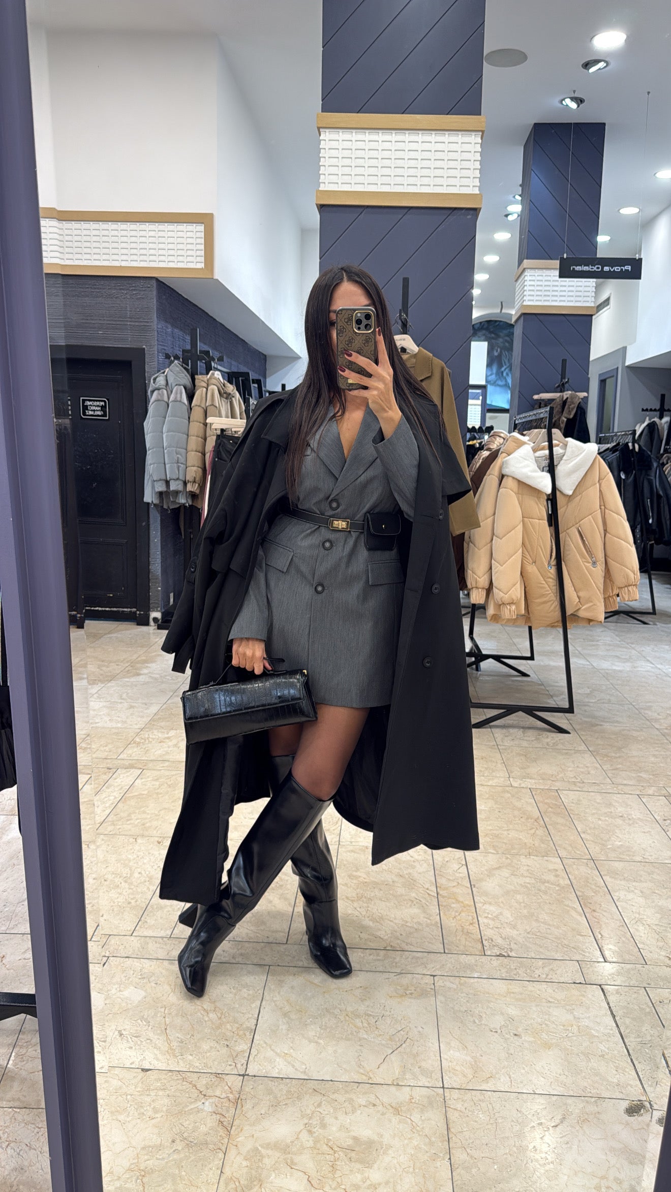 Kemerli Çanta Aksesuarlı Gri Blazer Ceket Elbise