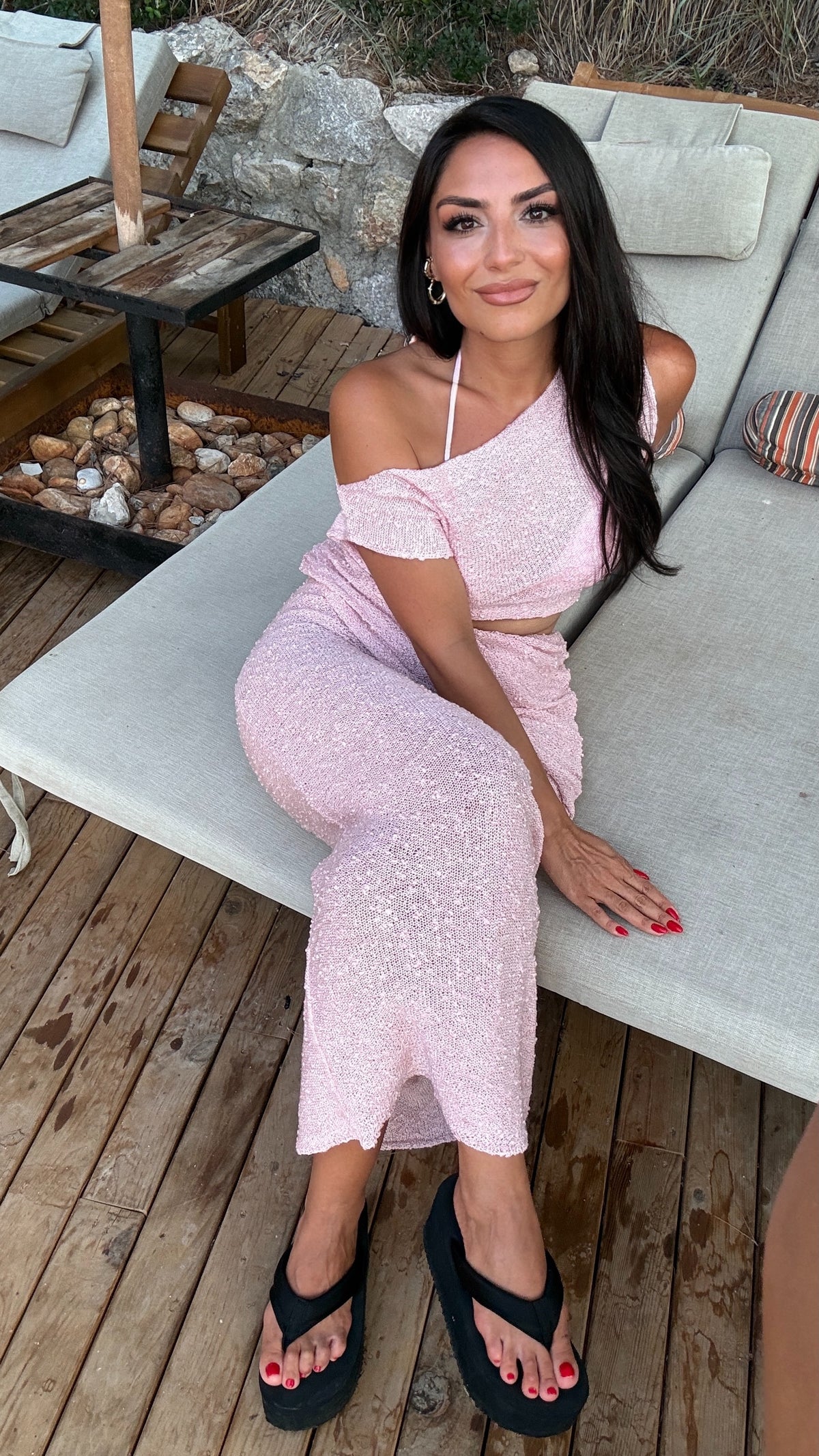 Pembe Kendinden Dokulu Drape Detaylı İkili Takım