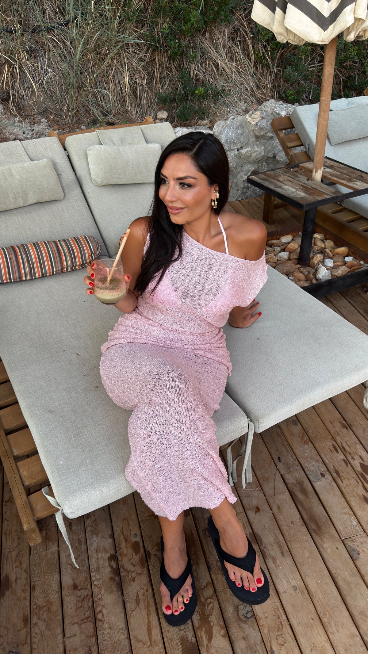 Pembe Kendinden Dokulu Drape Detaylı İkili Takım