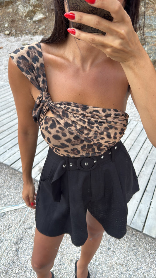 Tek Omuz Leopar Desenli Tül Body