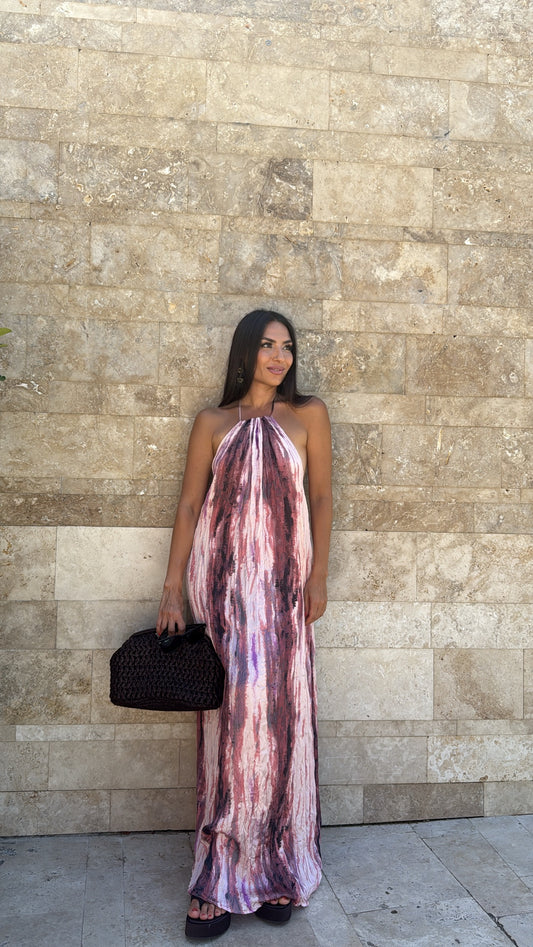 BATİK DESENLİ ASTARLI SATEN PEMBE ELBİSE