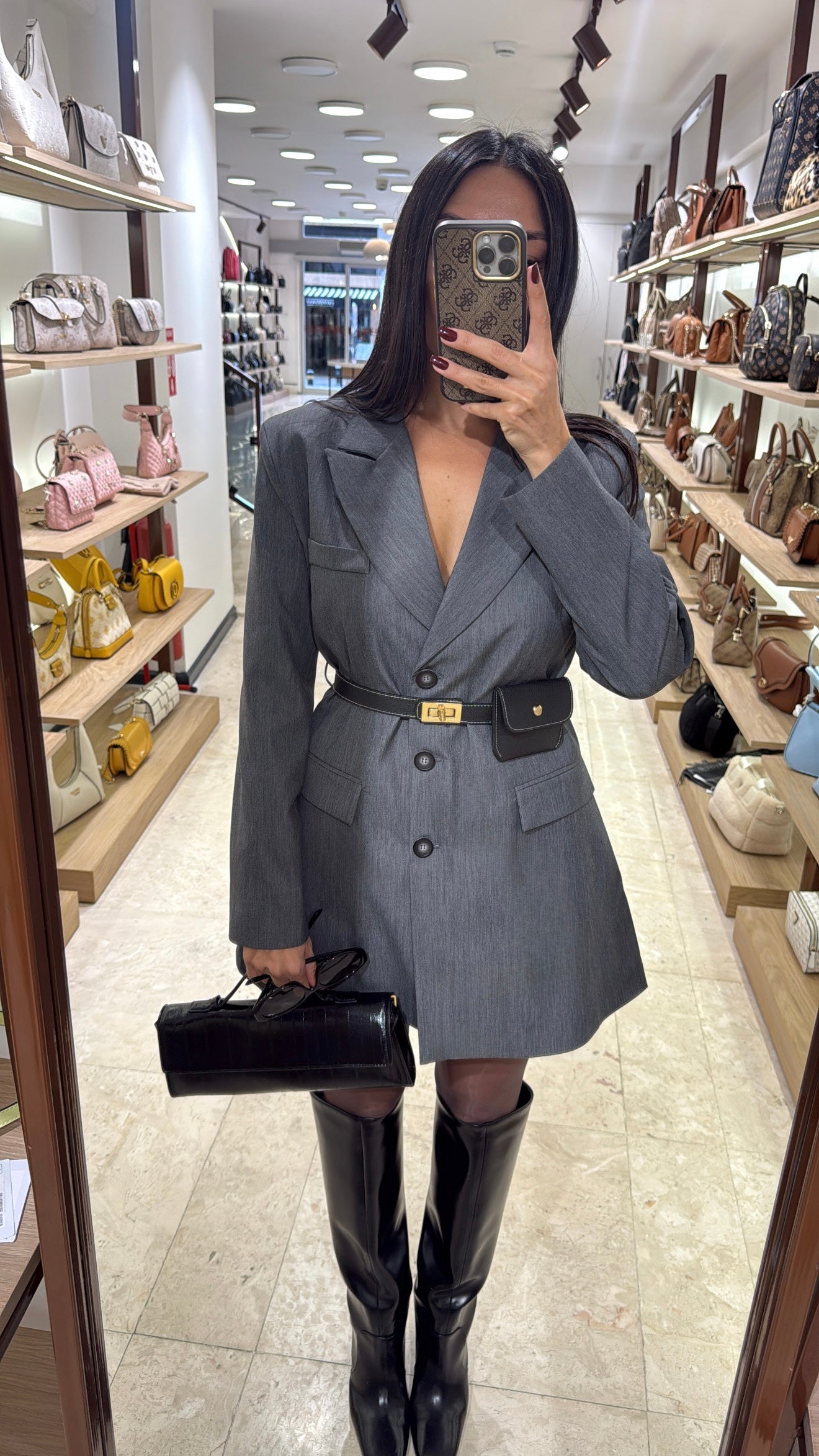 Kemerli Çanta Aksesuarlı Gri Blazer Ceket Elbise