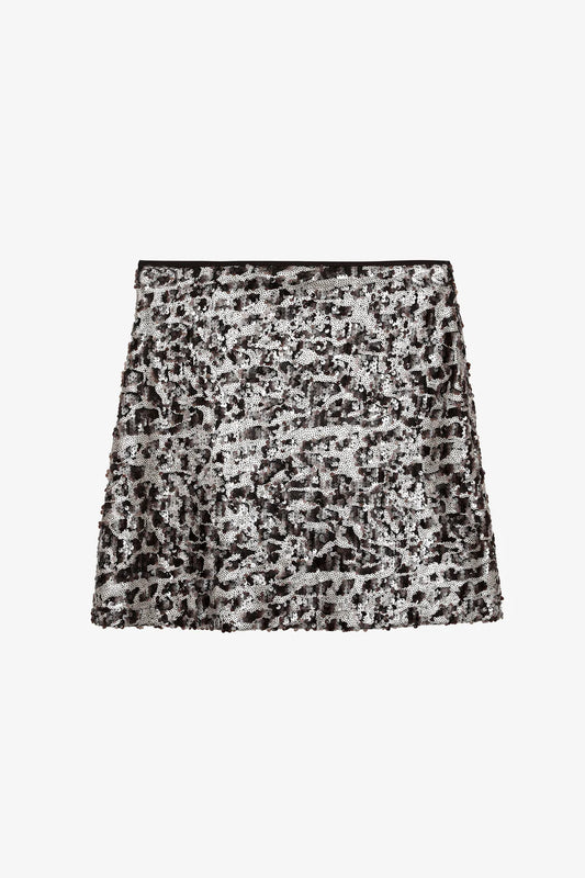 Kahverengi Payetli Leopar Desen Mini Etek