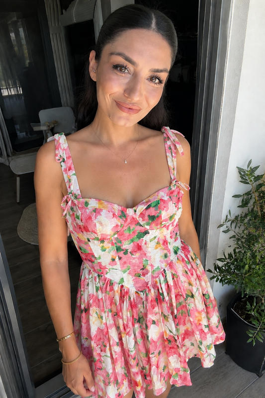 Rosa Çiçekli Korse Detaylı Elbise Pembe