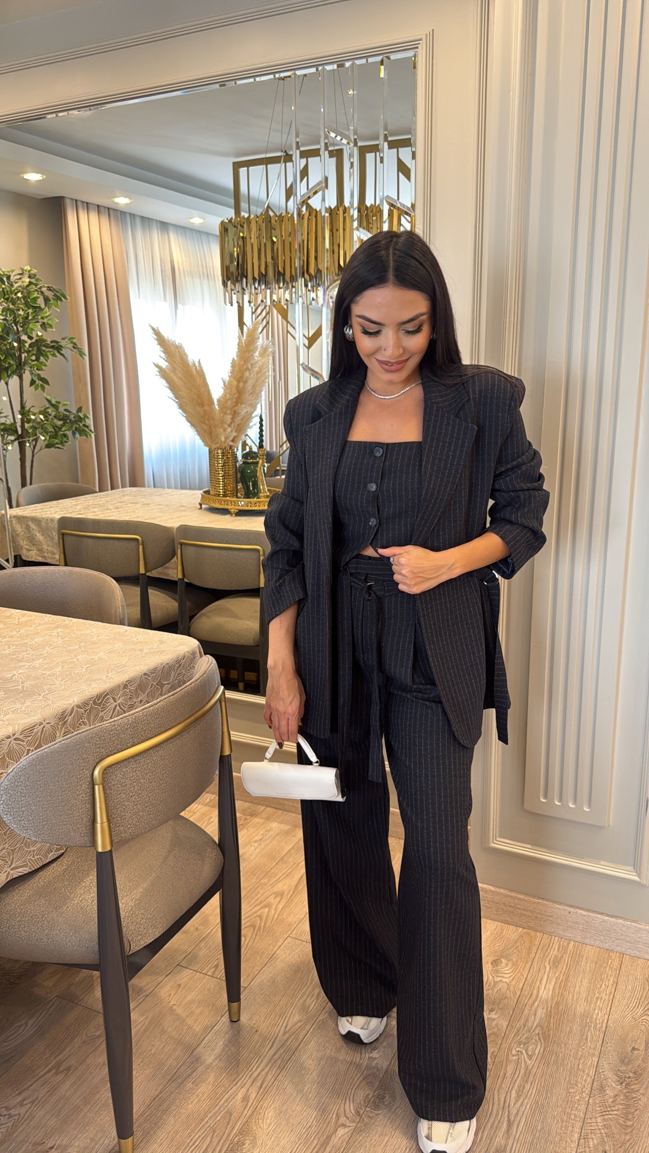 KEMER DETAYLI ÇİZGİLİ LACİVERT CEKET PALAZZO TAKIM