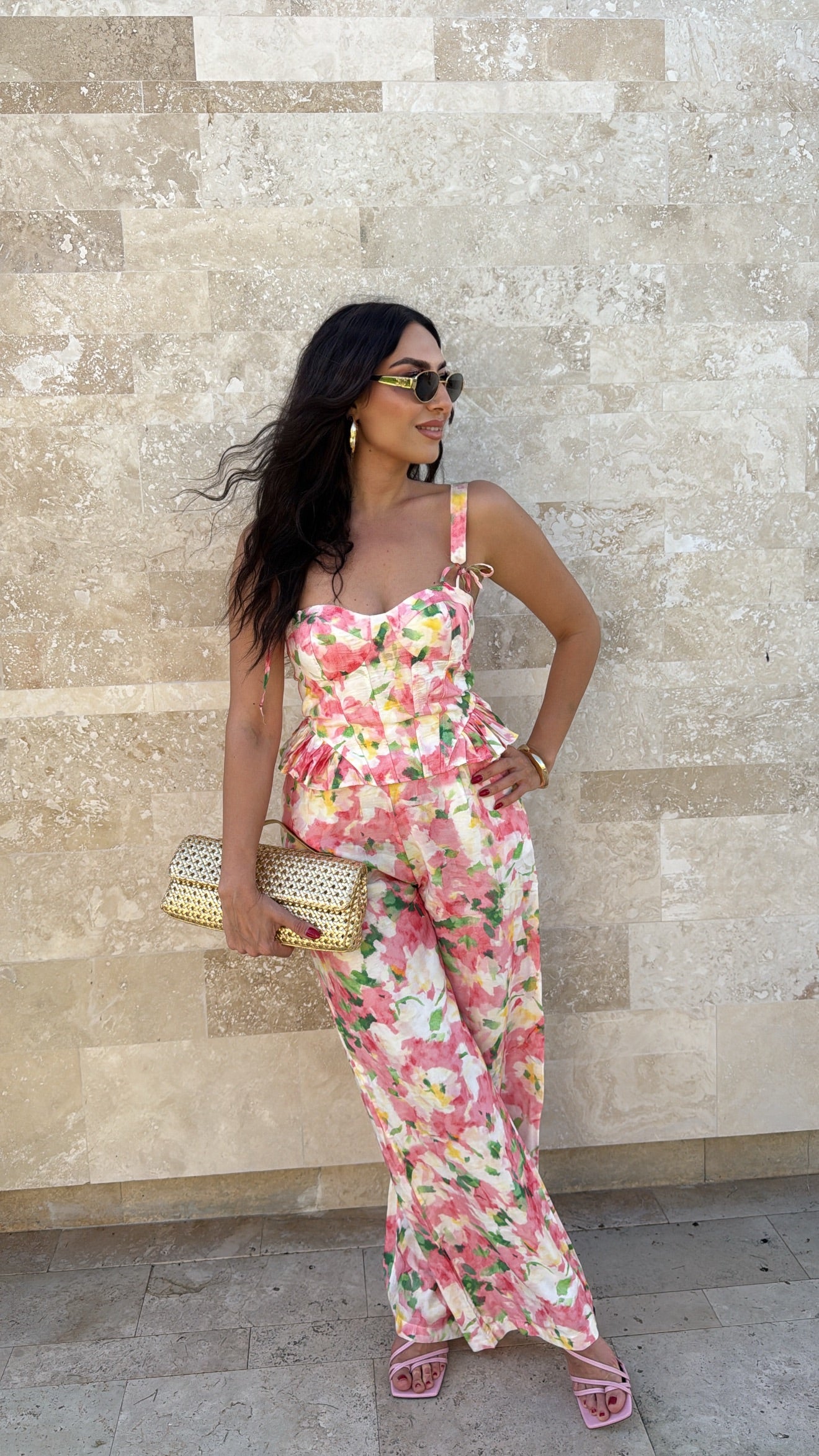 Rosa Çiçekli Korse Pantolon Takım Pembe